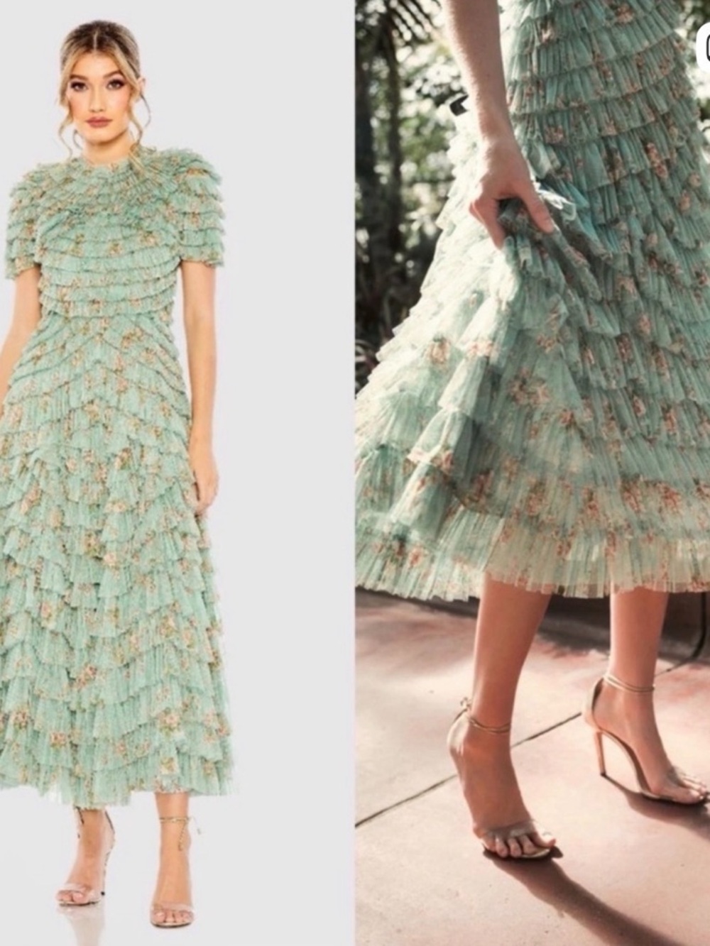 Mac Duggal Seafoam Green Floral Ruffled Midi Dress